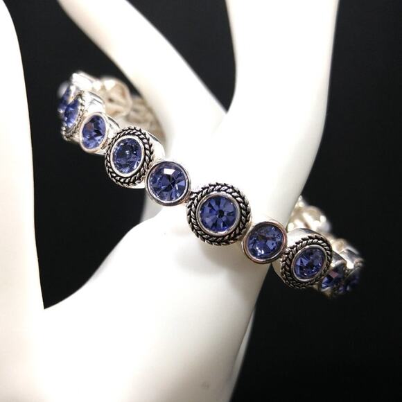 Blue Lavender Rhinestone Silver Tone Stretch Bracelet, 7 1/2 Inches - Picture 1 of 7